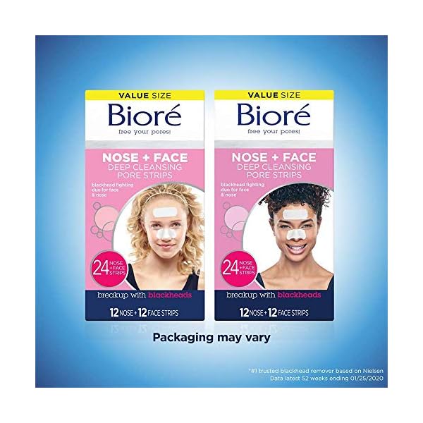 Bioré Nose+Face Blackhead Remover Pore Strips, 12 Nose + 12 Face Strips