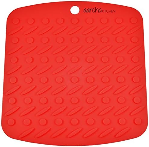 Set of (4) Aarcho Kitchen - Premium Flexible Silicone Pot Holders/Trivets, Durable, Non-slip Pads, Garlic Peelers, Spoon Rests, Multiple Uses (Red)