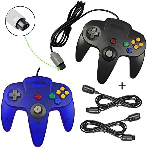 Koalud 2 Packs Classic Retro Wired Gamepad Controllers with 2 x 6ft Extension Cables For Nintendo 64 Nintendo64 N64 console(Black and Clear blue)