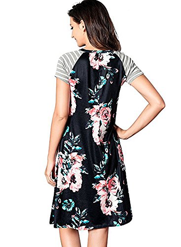 Poptem Womens Midi T-Shirt Dresses Short Sleeve A-Line Ruffles Floral Print Casual Summer Beach Loose Sundresses