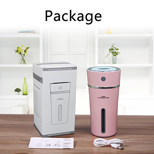 Rechargeable Air Humidifier Pink - Azmall Car Humidifier 300ml Portable Ultrasonic Cup Humidifier for Car Home Office Baby Living Room Office Yoga with Automatic Shut off, Night Light Function - Thumbnail 7