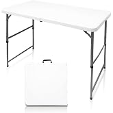 4FT Folding Utility Table, Height Adjustable, Fold-in-Half with Handle | Lightweight HDPE top for picnics, parties and camping; compact design for convenient indoor or outdoor use