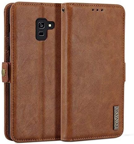 LOKAKA Compatible Samsung Galaxy A8 2018, Folding Flip Cases Protective Cover Strong Magnetic Closure Protector with Card Slots Kickstand (Brown, 5.6”)