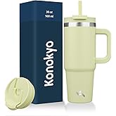 Konokyo 30 oz Tumbler with Handle and 2 Straws,2 in 1 Lid Insulated Water Bottle Stainless Steel Travel Coffee Mug,Macaron Green