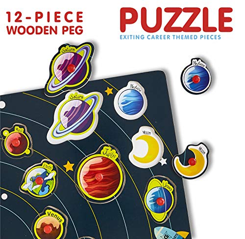 Wooden Peg Puzzle, Planets Theme - Learning Educational Pegged Puzzle for Toddler & Kids (12 pcs) Gleeporte
