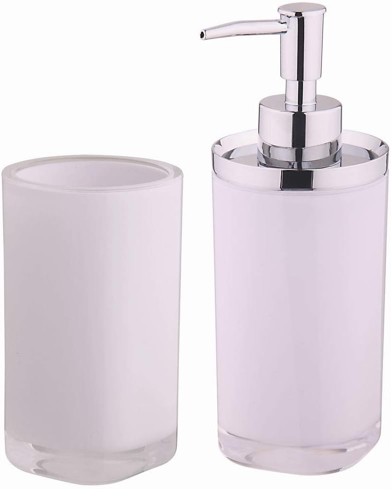 VINN DUNN BESPOKE 1 Liquid Soap Dispenser+ 1Tumbler,Acrylic, Chrome Dispenser Pump (OLAS Bathset 2pk WHITE)