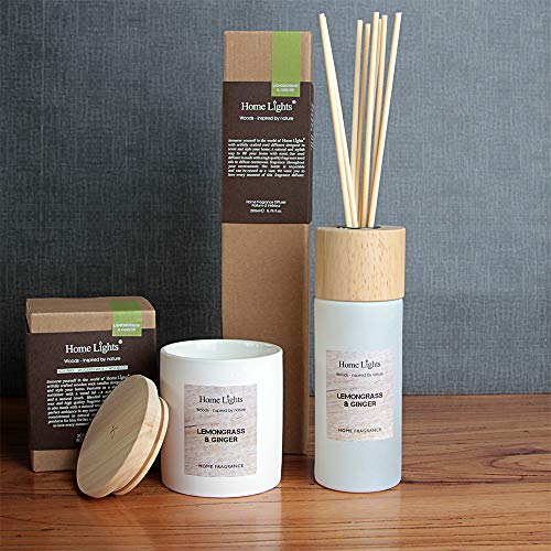 Home Lights Reed Diffuser Gift Set, Wooden Lid, Natural Scented Long Lasting Lemongrass Ginger Fragrance Oil for Home Office Gift Idea, Aromatherapy Air Freshener and Stress Relief, 200ml/6.76 fl.oz