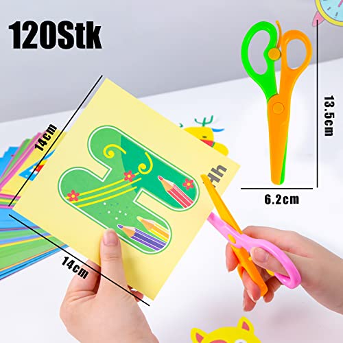 Koogel Kinder Papierschnitt Set, 120 Blatt Papier mit 2 Stück Kinder Sicherheit Schere Lustiges Papierschneid Kinder Bastelschere für Vorschule Training Schere Früherziehung Kindergarten Pädagogisch