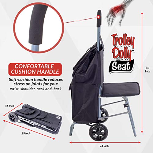 dbest products Trolley Dolly with Seat, Black Shopping Grocery Foldable