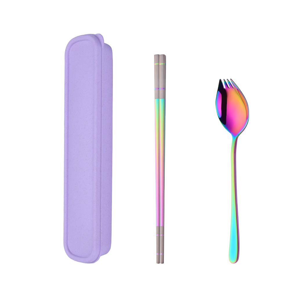 SBOMHS Portable Cutlery Set with Case Chopsticks 3 in 1 Spork (Spoon Fork Knife) Set Gift Box 18/10 Stainless Steel(Rainbow)
