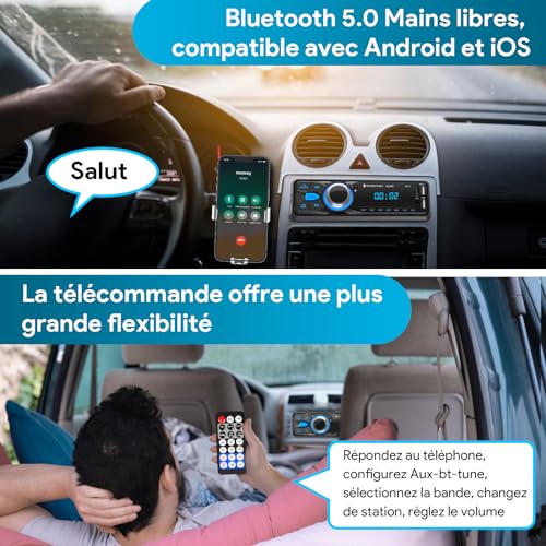 Chismos Bluetooth Handsfree 5.0 FM Radio Car Radio 1 Din for 9-12V Car Supports 2 USB/AUX/SD/TF/MP3, Supports iOS/Android