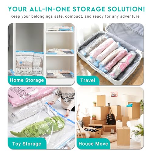 ZOESTORAGE Vacuum Bags for Clothes, Pack of 12 (4 x 40 x 60 cm, 4 x 50 x 70 cm, 4 x 60 x 80 cm) with Rechargeable Pump Made of PA + PE Material, for Storage, Travel, Luggage and Blankets