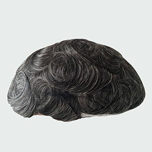 GEX 62Colors Fine Mono+Poly Mens HairPiece Toupee Wig Poly Base Human Hair Black with Gary White Hair Replacement System Vivid Men's Toupee Bond Basement(1B40#)