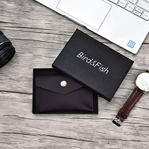 Bird&Fish Handmade Vintage Business Card Holder Genuine Leather Front Pocket Minimalist Wallet for Men Women (Grape Purple) - Thumbnail 2