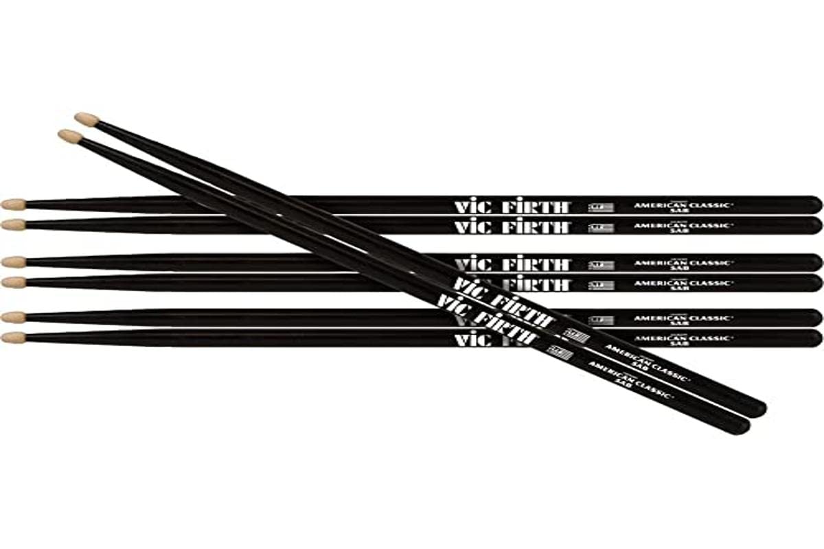 Vic Firth American Classic Series Drumsticks - 5AB - American Hickory - Wood Tip - Black - 4 x Pair Value Pack, P5AB3-5AB1