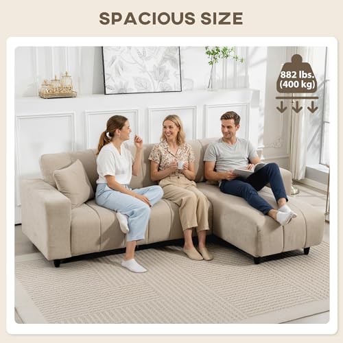 HOMCOM Sectional Couch with Changeable Chaise, Integrated Seat, 95" Large 3 Seater L-Shaped Sofa with Spring Cushion, 2 Pillows, Steel Frame, Sectional Sofa for Living Room, Beige