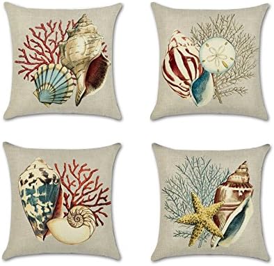 Baby Plum 4 Pack Ocean Theme Mediterranean Style Cotton Linen Square Decorative Throw Pillow Case Cushion Cover Starfish,Sea Horse,Shell&Conches 18" X 18" (Set Three)