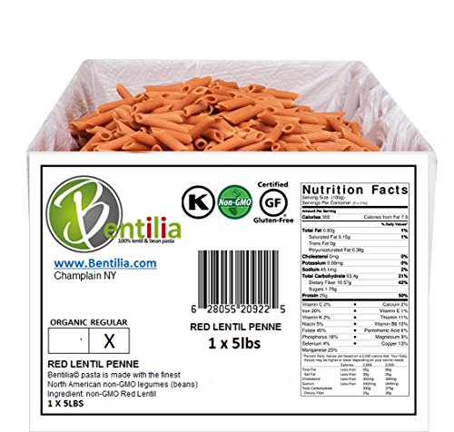 Bentilia Lentil Pasta, Red Lentil Penne - 5 lb, Bulk Case; 100% Natural, Low Glycemic Index, High Protein & Fiber, Non-GMO, Gluten Free Pasta