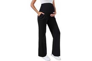Ecavus Women's Wide Leg Maternity Pants with Pockets - Stretchy Over The Belly Pregnancy Casual and Work Trousers