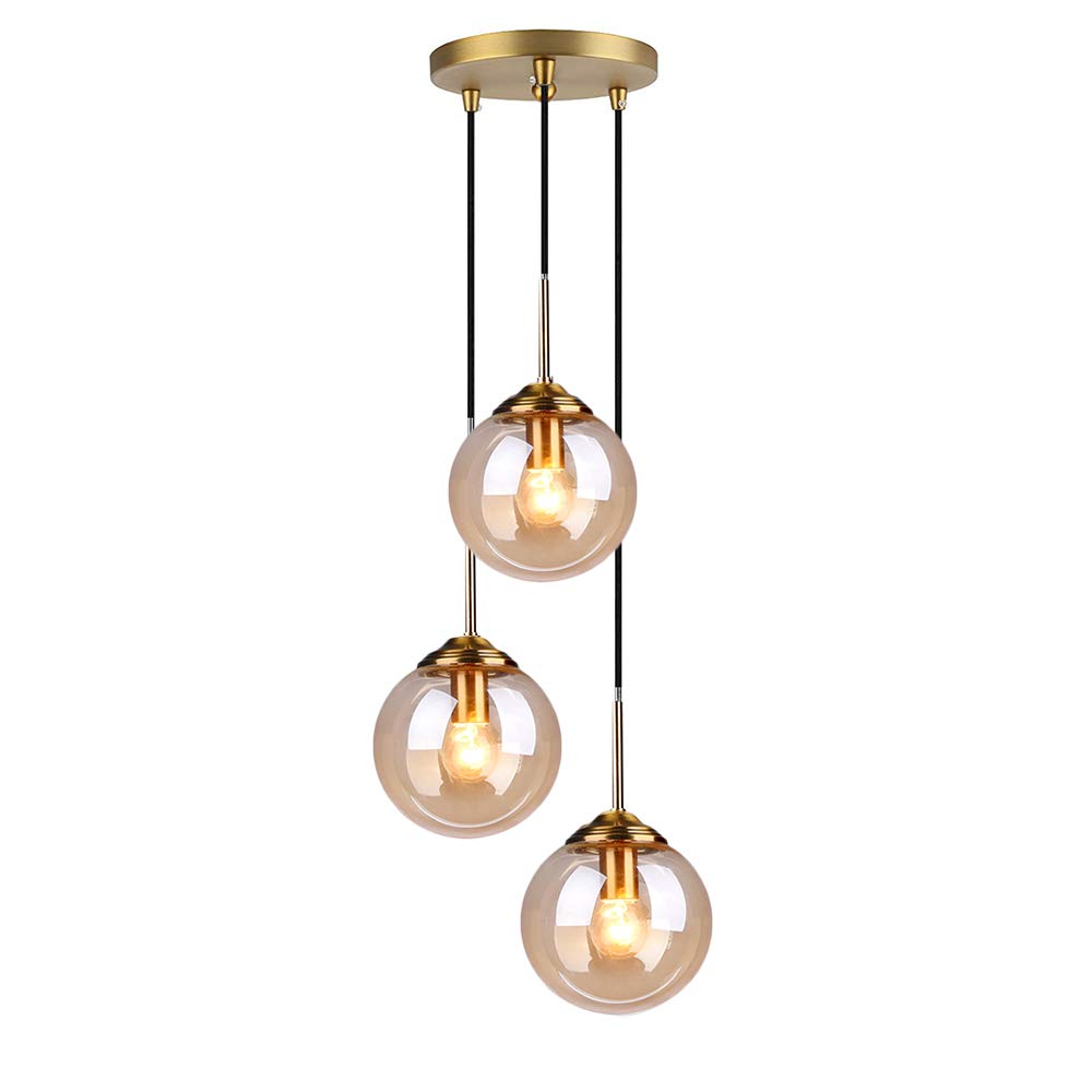 MZStech Industrial Retro Loft 3 Way Pendant Light, Cluster Chandelier Hanging Lamp Fixture Brass Fittings with Glass Globe Lampshade (Amber)