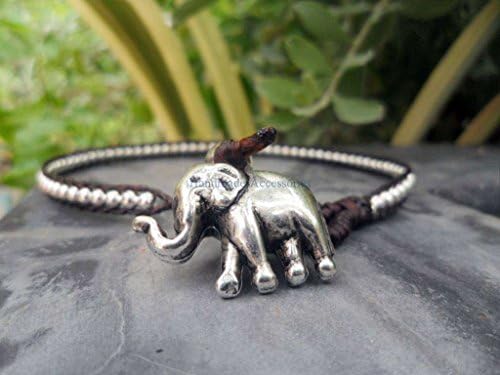 Infinityee888 Trendy Anklet Woven Round Silver Bead and Elephant Anklet Bracelet 10 Inches Woven with Brown Wax Cord Handmade Hippie Bohemian Style