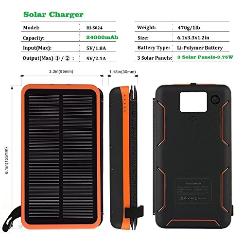 Solar Charger 24000mAh,Solar Power Bank Waterproof Dual USB Output with 3 Solar Panels External Battery Bank with Flashlight for iPhone,Samsung,iPad and Outdoor Camping(Orange) - Thumbnail 2