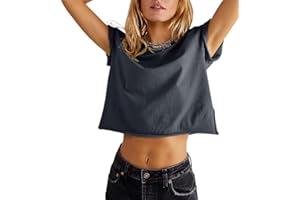 Carpetcom Women's Summer Casual Loose Fit Plain Soild Basic Short Sleeve Crop Tops T-Shirts