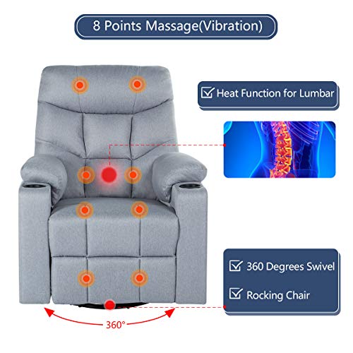 Esright Grey Fabric Massage Recliner Chair 360 Degrees Swivel Heated