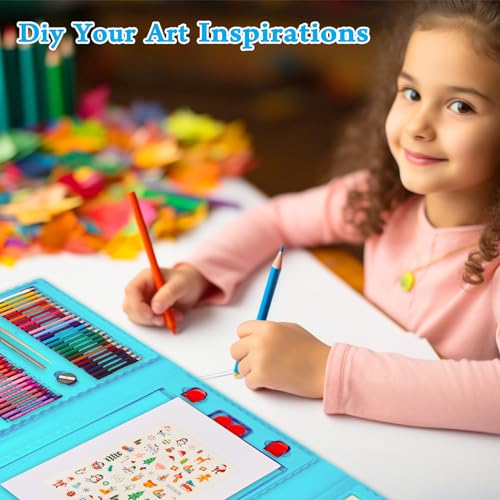 KINSPORY Art Supplies, 290 Pack Art Sets Crafts Drawing Coloring kit, Double-Side Trifold Easel, Oil Pastels, Crayons, Colored Pencils, Creative Gift for Beginners Artists Girls Boys Kids (Blue)