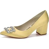 TarfiC Women's Closed Toe High Heels Satin Wedding Pumps with Rhinestone Pointed Toe Chunky High Heel Sandals