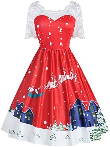 Woman Dress Jaminy Fashion Women Lace Vintage Christmas Print Sleeveless Swing Xmas Party Dress