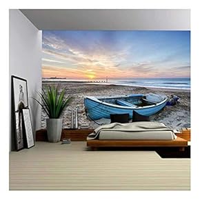 Turquoise Blue Fishing Boat at Sunrise on Bournemouth Beach with Pier in Far Distance - Removable Wall Mural | Self-Adhesive Large Wallpaper - 66x96 inches