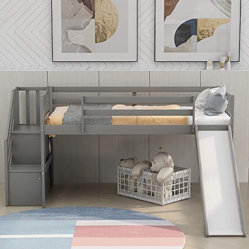 Twin Loft Beds with Slide for Kids, Low Profile Loft Beds with