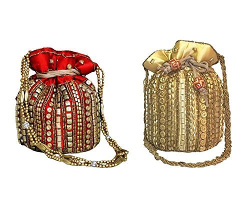 ruhi's creations women's satin elegant jaipur heavy work potli,(golden and red, rgold1212)- pack of 2