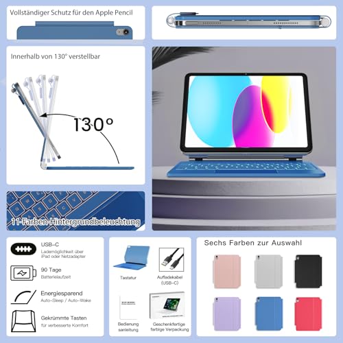 RAYMCRAFT for iPad (A16) 11th 2025/10th Generation Case with Keyboard, Magic Keyboard for iPad 10.9 Inch 2022, 11-Colour Backlight, Multi-Touch Trackpad, Magnetic Stand, Pen Holder, Steel Blue