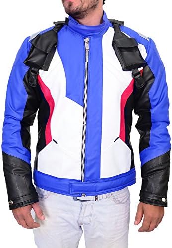 Hmeskin Men's Overwatch Soldier 76 Embroidered Cosplay PU Leather Jacket (Large, Blue)