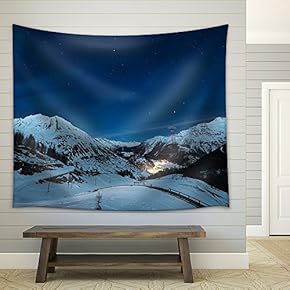 Aerial View of La Thuile Village Glowing in The Night, Famous Ski Resort in Aosta Valley, Italy. - Fabric Wall Tapestry Home Decor - 51x60 inches