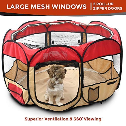 Pop Up Puppy Playpen 45-Inch for Travel, Indoor, Outdoor | Comfortable Mesh for Pets | Portable, Easy to Fold | Fun Features for Fur Parents | Safe and Secure with Removable Floor, Skylight, Windows
