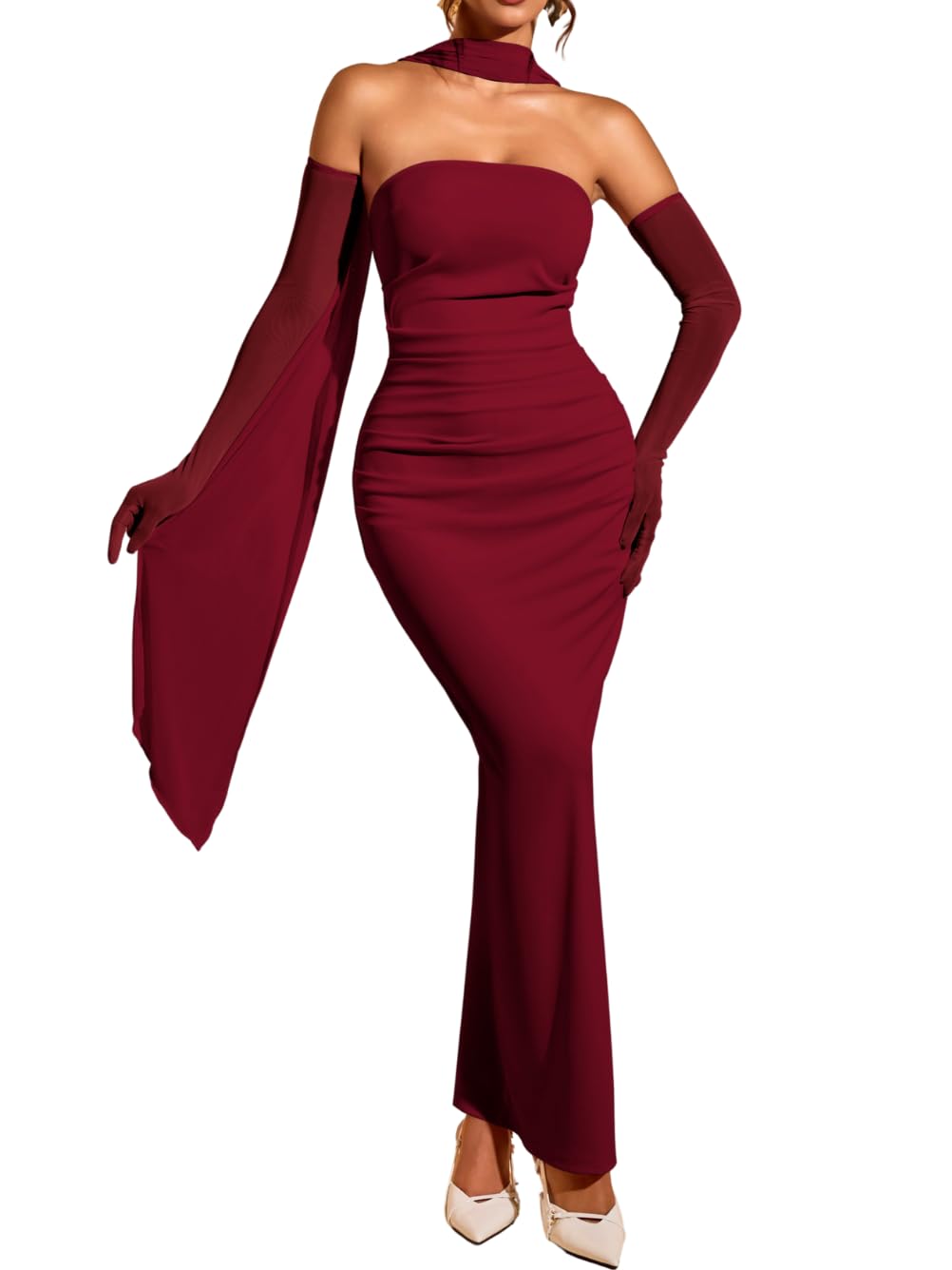 Photo 1 of ChiaoLezhee Women's Bodycon Dress with Scarf & Gloves Tube Ruched Slit Elegant Maxi Evening Party Sundress, Strapless Sexy Floor Length Club Wedding Guest Birthday Cocktail Valentine Day,Burgundy,M