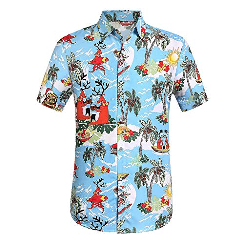 Respctful ♫♫ Mens Shirts Standard-Fit Cotton/Polyester Palm Tree PrinBeach Wear Blue
