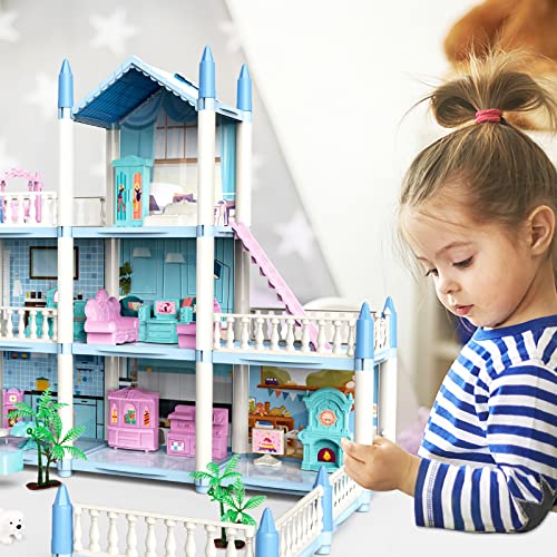 deAO Dollhouse Villa for Girls, 3-Story Dream Dollhouse with Furniture and Slides, Stairs, Fences, Dog Doll, Princess Castle Playset, Gift for 6+ Year Old Girls (Blue)