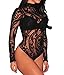 Shawhuwa Womens Sexy Sheer Mesh Floral Print Long Sleeves Bodysuit Tops M Black