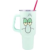 Silver Buffalo SpongeBob SquarePants Double Walled Stainless Steel Tumbler with Handle Featuring Squidward, Fits in Standard Cup Holder, 40 Ounces