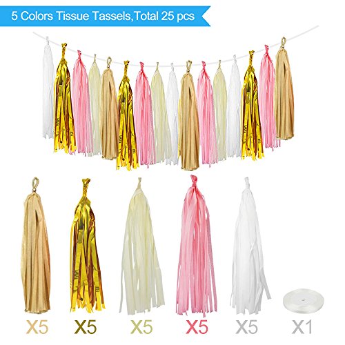 89 pcs Gold Pink Party Decorations Kit SIMPZIA Party Supplies Including Paper Pom Poms Flowers & Tissue Tassel Garland & Party Balloons for Birthday Party, Engagement, Wedding, Baby showe