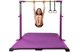 JC-ATHLETICS Gymnastics Bar for Kids Girls Ages 3-15 with Ring for Home Indoor Training Equipment- Steady Steel Construction, Anti-Slip, Easy to Assemble, 3' to 5' Adjustable Height
