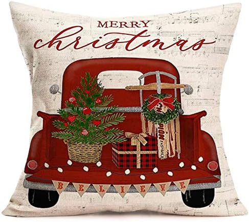 Fukeen Merry Christmas Cotton Linen Throw Pillow Cover Vintage Farm Truck Car Carrying Xmas Trees Gifts Holiday Country Farmhouse Decorative Pillow Cases Believe Quote Cushion Cover 18”x18”, Red