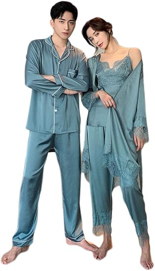 Amazon Co Jp ジュタオピン 合成 シルク パジャマ レディース ワンピース 長袖 ペア パジャマ 夏 ルームウェア メンズ 部屋着 ペア パジャマ プレゼント ギフト 大きいサイズ ブルー M L Ll 3l 服 ファッション小物