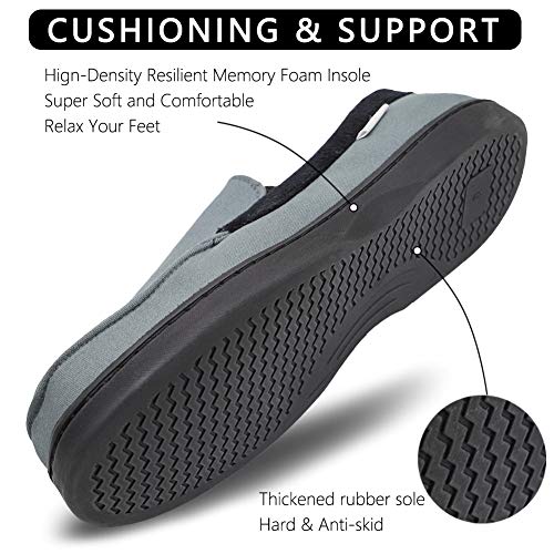 Mwfus Men's Comfy Velvet Cotton Moccasin Slippers with Memory Foam Breathable House Shoes Anti-Skid Indoor/Outdoor (10, Canvas Upper, Navy Grey)