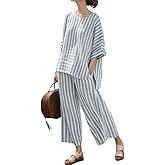 Women's Linen Striped 2 Piece Sets Summer Oversized Loose Half Sleeve Tops Tshirt and Wide Leg Pants Fashion Outfits