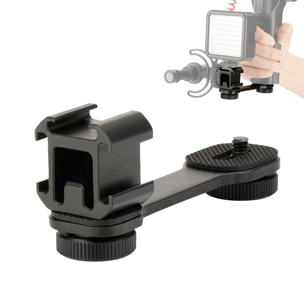 UTEBIT Cold Shoe Mount Adapter Triple Cold Shoe Extention Bar with Universal 1/4' Screw Camera Cold Shoe Bracket Mic Flash Light Mount for Tripod Monopod Stand Video Rig Handheld Gimbal Stablizer